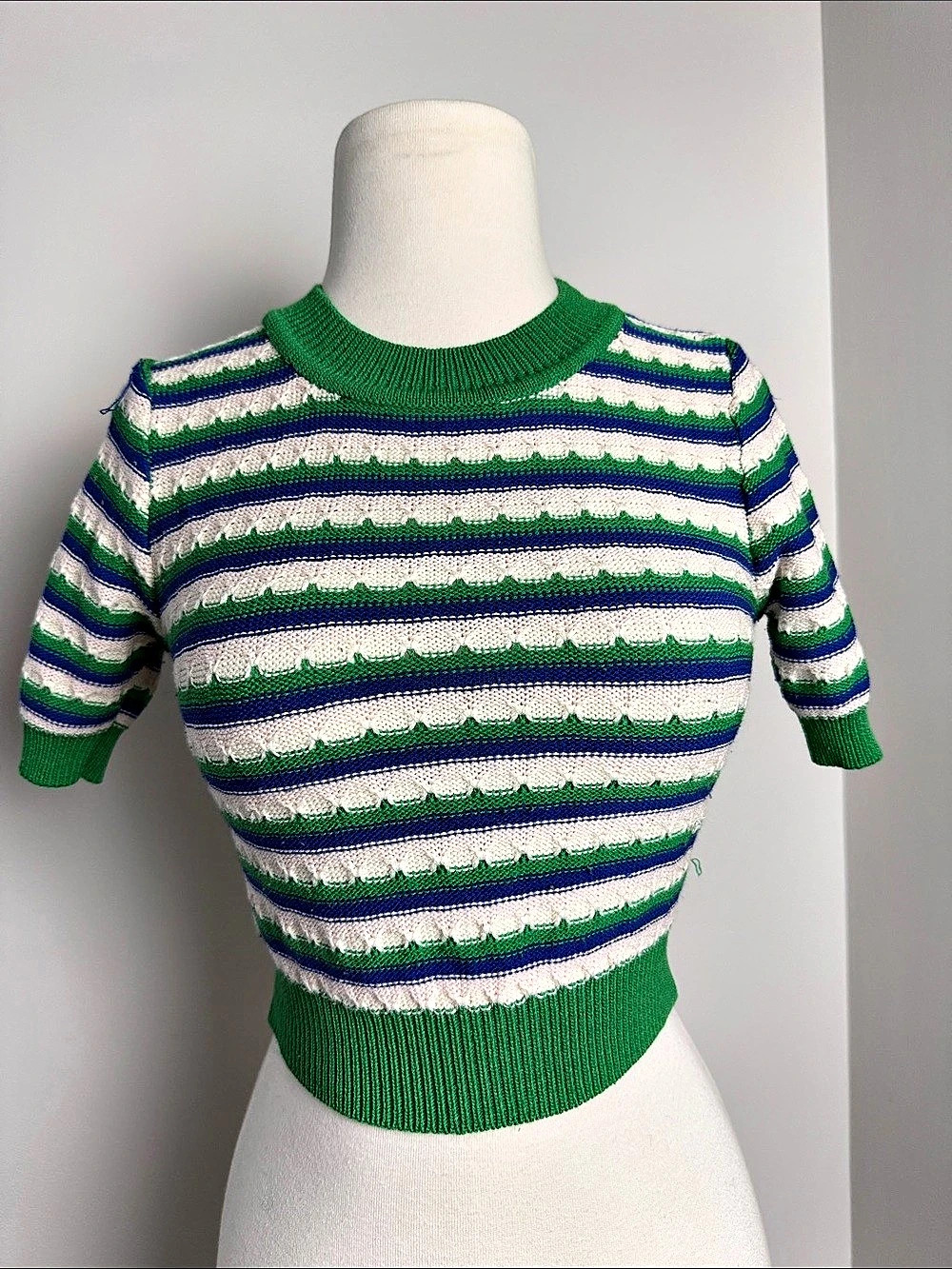 In A Row. Green White Striped Crewneck Cropped Short Sleeve Sweater Size XS